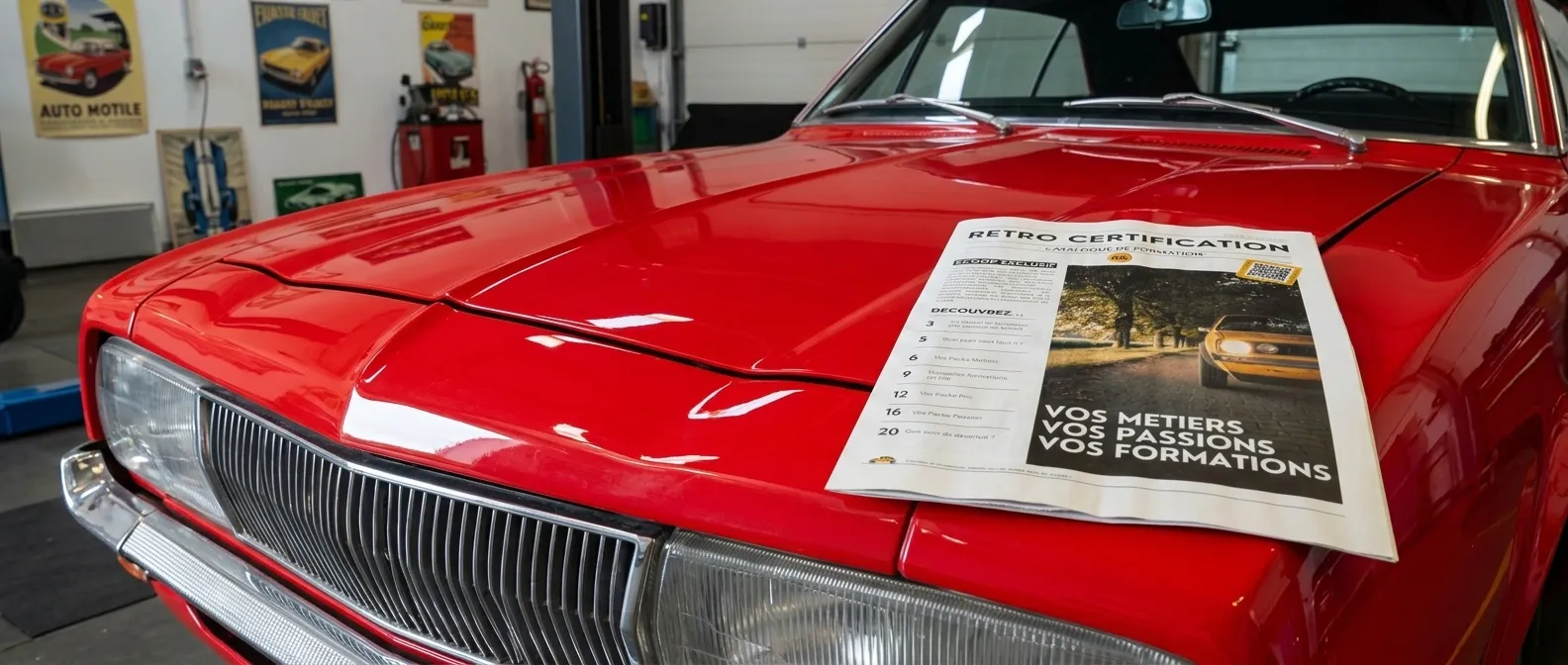 Voiture ancienne rouge dans l'atelier Rétro Certification, avec le journal des actualités posé sur le capot