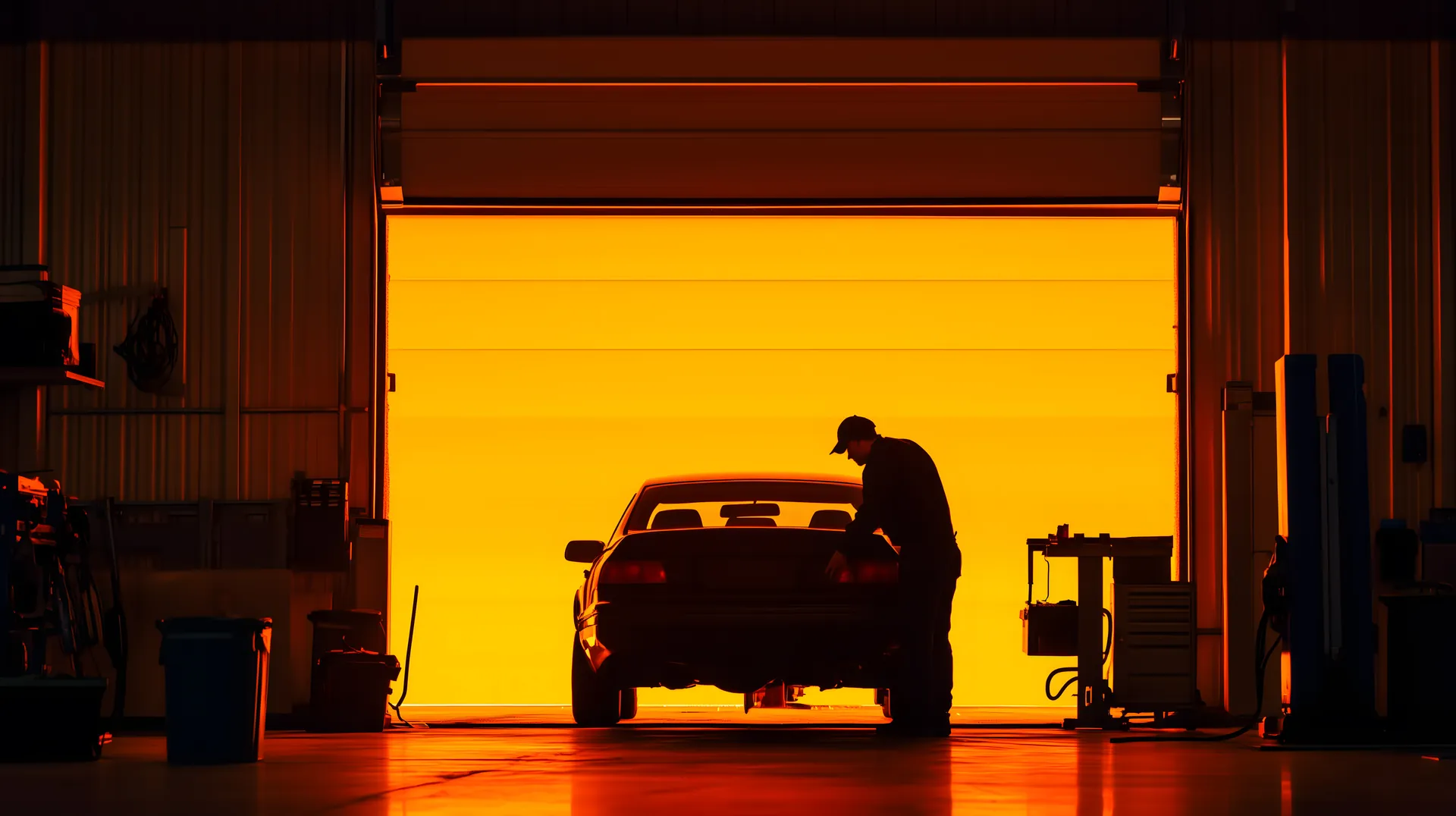 Atelier automobile à contre-jour, un mécanicien au travail devant une porte de garage ambrée